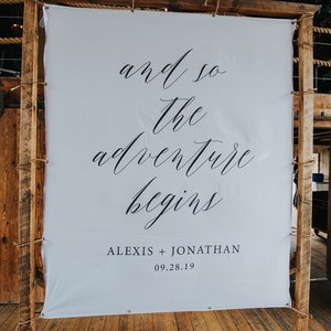 Custom Fabric Banner, Personalized Wedding Banner, The Adventure Begins Sign, Wedding Fabric Sign, Wedding Tapestry, Modern Wedding image 4