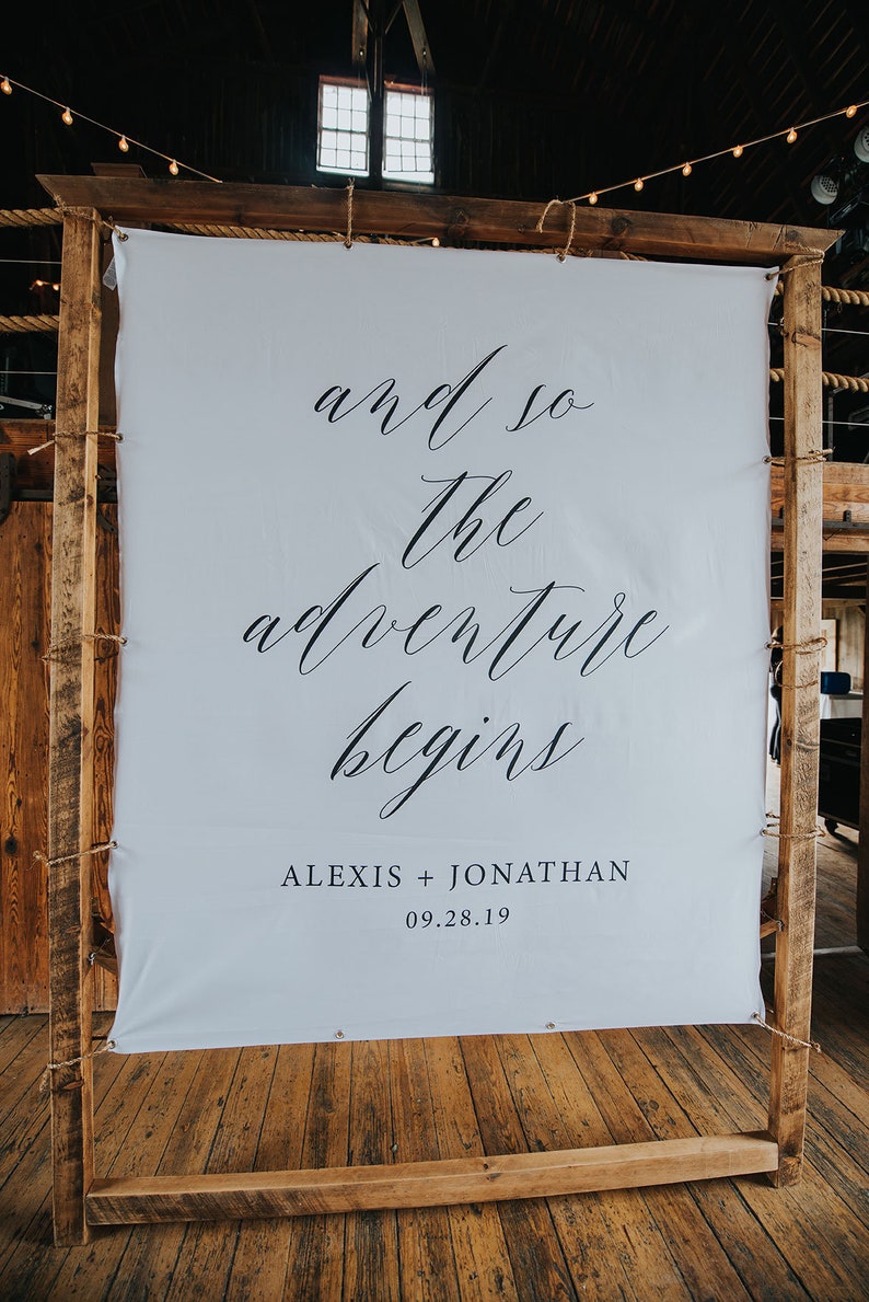 Custom Fabric Banner, Personalized Wedding Banner, The Adventure Begins Sign, Wedding Fabric Sign, Wedding Tapestry, Modern Wedding image 4
