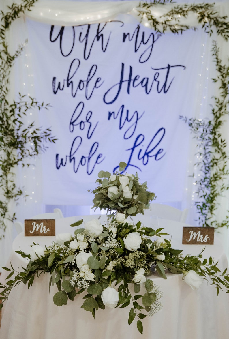 Rustic Wedding Backdrop Decoration, With My Whole Heart For My Whole Life Wedding Banner, Calligraphy Ceremony Photo Booth, Fabric backdrop image 3