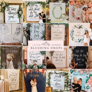 May include: A collage of 12 different wedding backdrop designs featuring various floral arrangements, greenery, and personalized text. The backdrops are printed on white fabric and are perfect for creating a beautiful and memorable wedding photo booth.