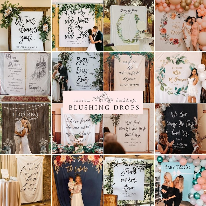 May include: A collage of 12 different wedding backdrop designs featuring various floral arrangements, greenery, and personalized text. The backdrops are printed on white fabric and are perfect for creating a beautiful and memorable wedding photo booth.