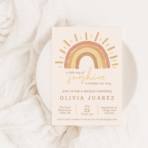 Sunshine Baby Shower Invitation Template | Little Ray of Sunshine | Summer Baby Shower |Digital Download | Sun themed baby Shower Invitation