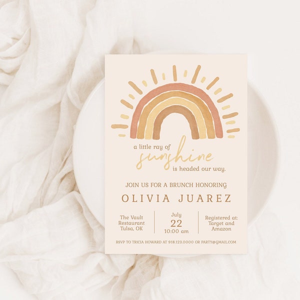 Sunshine Baby Shower Invitation Template | Little Ray of Sunshine | Summer Baby Shower |Digital Download | Sun themed baby Shower Invitation