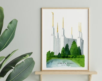 Washington DC LDS Temple Art, Watercolor Print | First Christmas Gift | LDS Baptism Gift | Customized Temple Painting | Mormon Art