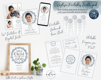 I am a Child of God LDS Baptism Program Template BUNDLE | Editable Baptism Program Invitation, Sign and Bookmark favors | Instant Download