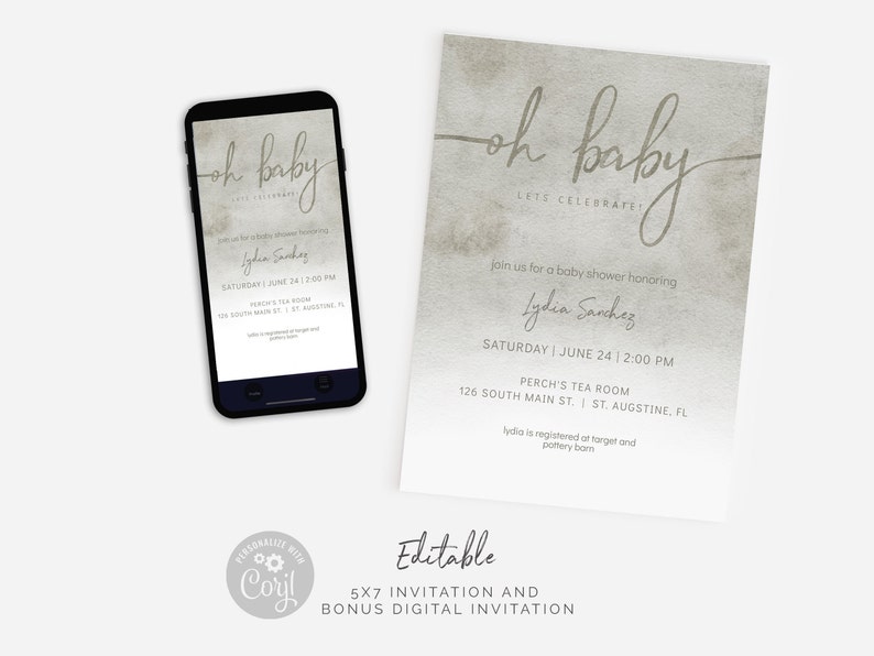 Gender Neutral Baby Shower Invitation Template Grey Baby Etsy