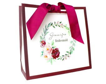 Personalised Bridesmaid Gift Bag – Luxury Burgundy Paper Bag with Ribbon, Wedding Favor