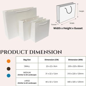 May include: A table showing the dimensions of three different sizes of white paper gift bags. The bag sizes are small, medium (similar to A4 landscape), and large (similar to A3 landscape). The dimensions are listed in centimetres and millimetres.