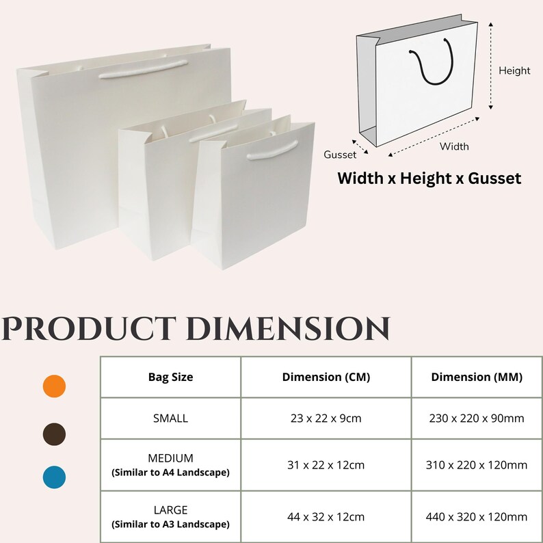 May include: A table showing the dimensions of three different sizes of white paper gift bags. The bag sizes are small, medium (similar to A4 landscape), and large (similar to A3 landscape). The dimensions are listed in centimetres and millimetres.