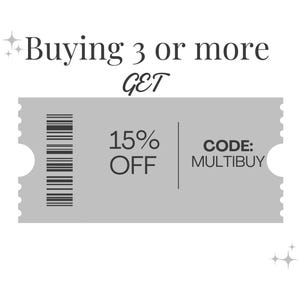 May include: A grey ticket with a barcode and the text "Buying 3 or more GET 15% OFF CODE: MULTIBUY"