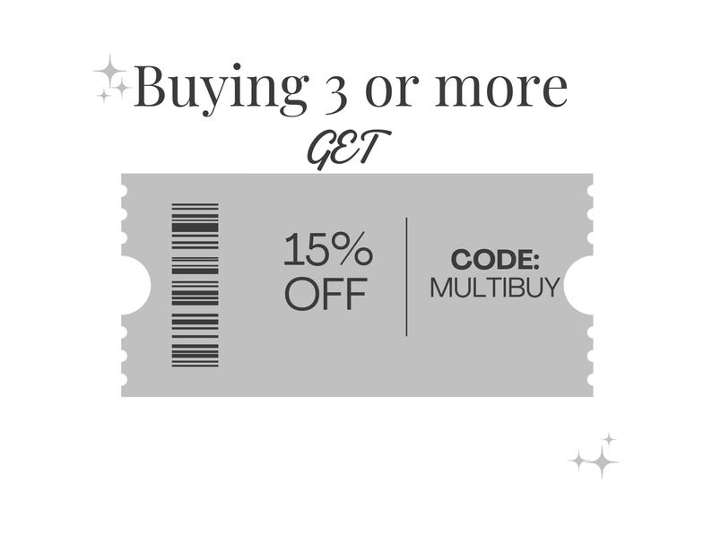May include: A grey ticket with a barcode and the text "Buying 3 or more GET 15% OFF CODE: MULTIBUY"