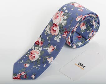 Blue Floral Cotton Tie – Wedding Groomsmen, Slim Fit with Pocket Square