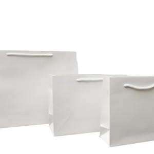 May include: Three white paper gift bags of different sizes with white rope handles.