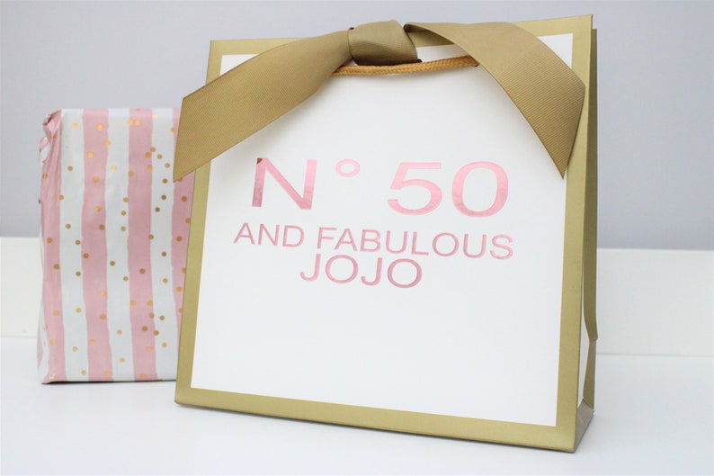 Bolsa de regalo personalizada para el 50 cumpleaños - Bolsa de papel dorada, asa de cuerda de lujo imagen 3