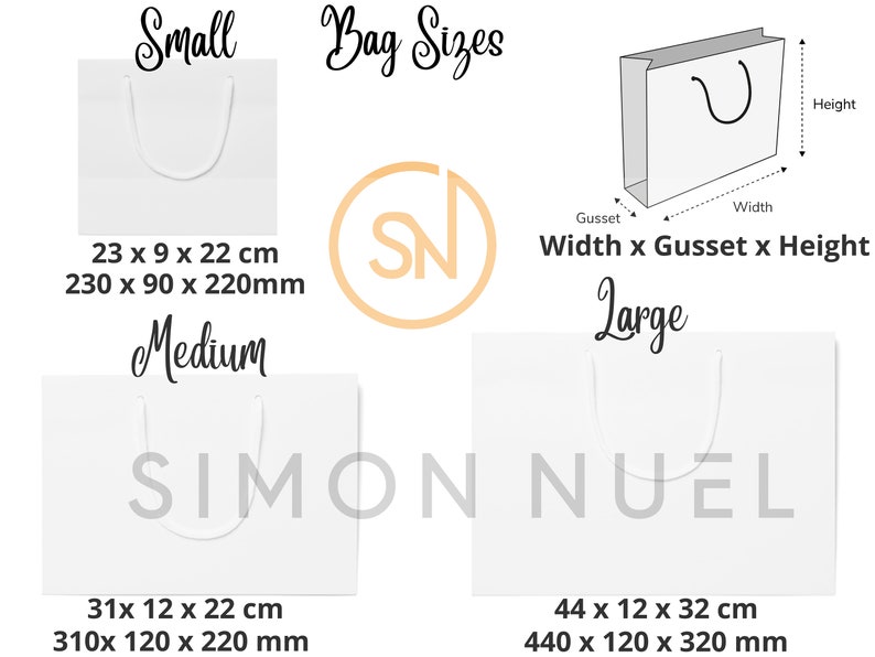 May include: A diagram showing three different sizes of white paper gift bags with black handles. The bags are labeled "Small", "Medium", and "Large". The dimensions of each bag are listed in both centimeters and millimeters. The text "Width x Gusset x Height" is also included.