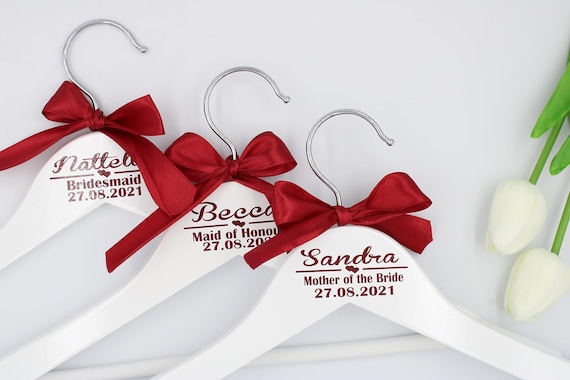 Personalised Wedding Hangers, Custom Ribbon Bow Printed Wooden Bridal Party Keepsake Gift
