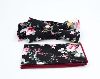 Black Floral Bow Tie and Pocket Square Set, Wedding Groomsmen