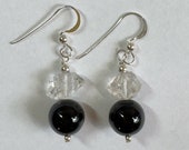 Herkimer Diamond Quartz and Onyx North Star Earrings, Sterling Silver
