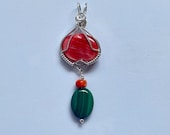 Spiny Oyster and Malachite Goddess Pendant - Sterling Silver