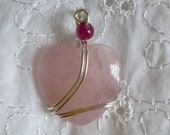 Rose Quartz Heart Pendant with Pink Tourmaline Accent -- Sterling Silver