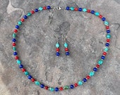 Turquoise, Lapis, Coral Necklace and Earrings Set