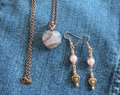Rose Quartz Heart Pendant with Earrings and Chain -- Copper