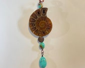 Ammonite Fossil and Kingman Turquoise Pendant - Copper