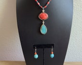 Spiny Oyster and Kingman Turquoise Southwest Goddess Necklace, Sterling Silver