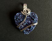 Drusy Quartz Purple/Blue Heart Pendant -- Sterling Silver