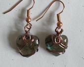 Labradorite Heart Earrings, Antique Copper