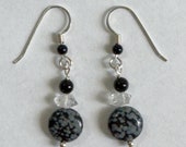 Herkimer "Diamond" Quartz and Snowflake Obsidian North Star Earrings, Sterling Silver