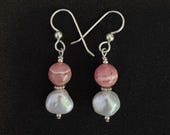 Rhodochrosite and Pearl Earrings, Sterling Silver
