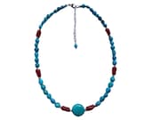 Natural Coral and Kingman AZ Turquoise Necklace - Sterling Silver