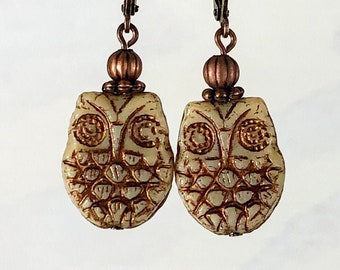 Carved Jasper and Electroformed Copper Jasper Owl Earrings 2 Length Niobium Ear Wires