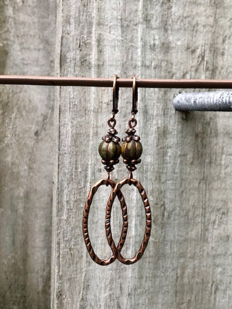 Hoop Earrings Czech Glass Burnt Orange Earrings Rustic Earrings Copper Earrings Boho Earrings Olive Green Earrings Flower Earrings