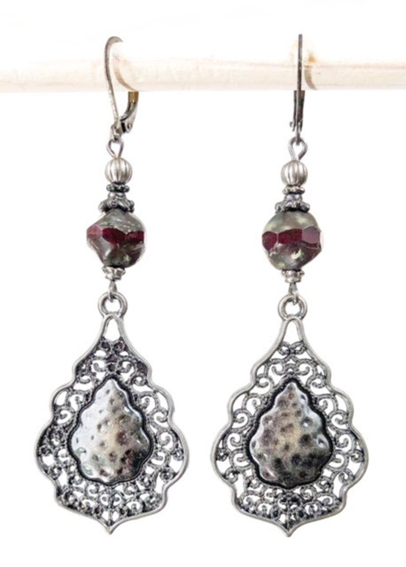 Wine Earrings Gunmetal Earrings Victorian Earrings Elegant Earrings Statement Earrings Rustic Earrings Gothic Earrings Red Earrings