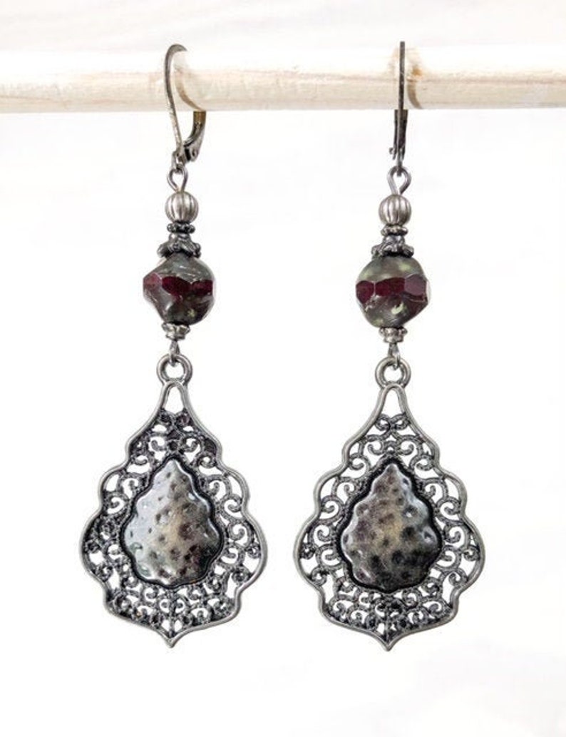 Wine Earrings Gunmetal Earrings Victorian Earrings Elegant Earrings Statement Earrings Rustic Earrings Gothic Earrings Red Earrings