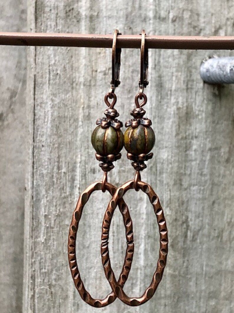 Hoop Earrings Czech Glass Burnt Orange Earrings Rustic Earrings Copper Earrings Boho Earrings Olive Green Earrings Flower Earrings