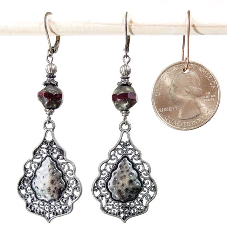 Wine Earrings Gunmetal Earrings Victorian Earrings Elegant Earrings Statement Earrings Rustic Earrings Gothic Earrings Red Earrings