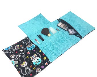 Day of Dead Cat Makeup Brush Roll, Makeup Brush Holder, Makeup Brush Bag, Makeup Organizer, Travel Bag, Cosmetic Bag, Cat Lover, Skeleton