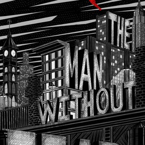 May include: Black and white illustration of a city skyline with a red figure jumping in the air. The text "THE MAN WITHOUT FEAR" is written in large letters across the buildings.