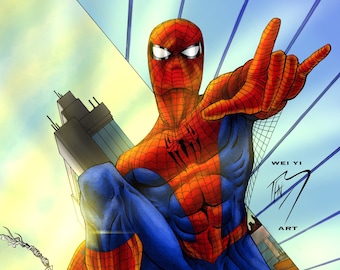 スパイダーマン像を描いたスタン・リー - マーベル、限定版プリント