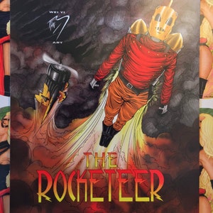 May include: A comic book cover featuring a red, yellow, and gold illustration of The Rocketeer flying through the air with a jetpack. The text "THE ROCKETEER" is written in a stylized font.