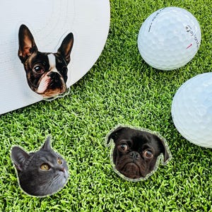 May include: A collection of pet-themed golf accessories, including a white hat with a Boston Terrier face, a gray cat, and a black pug. Two golf balls are also present on a green, grassy surface.