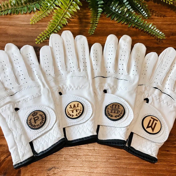 Women's Right Handed Golf Glove (for Left Handed Golfer) with Round Ball Marker, Leather, White - Gifts for Golfers, Custom Ball Marker