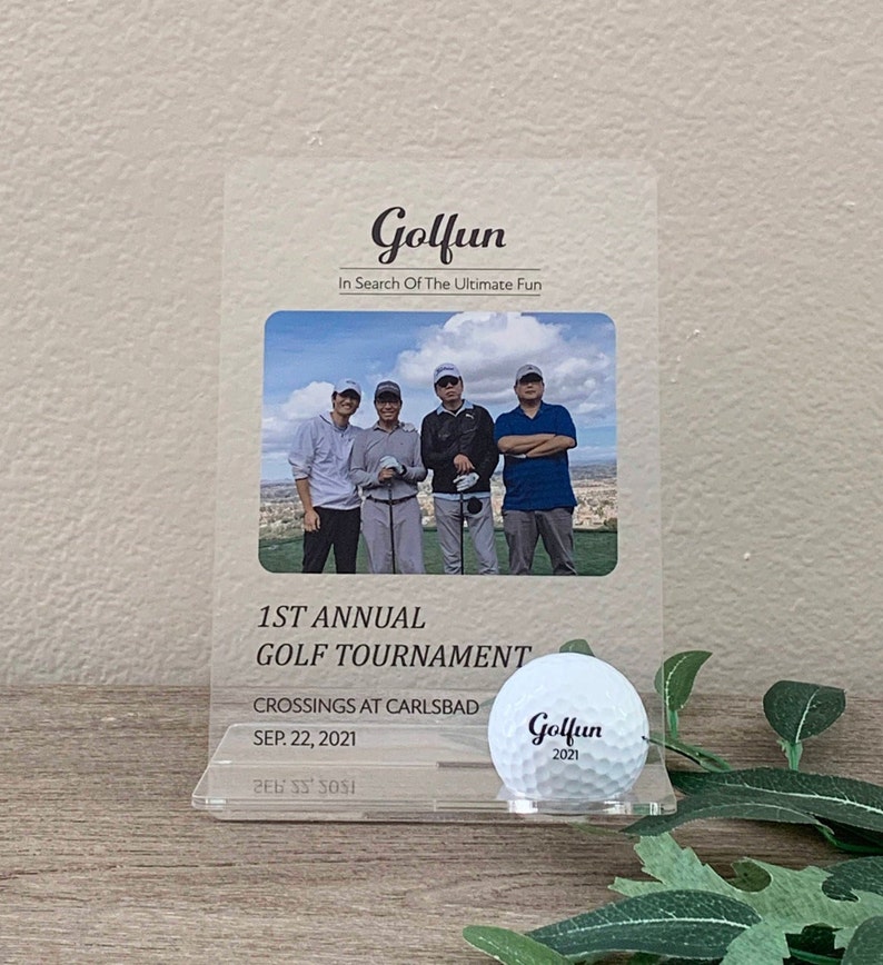 A Handmade Custom Clear Acrylic golf Plaque with Golf Ball Display, your own photo and message is an ideal gift for men