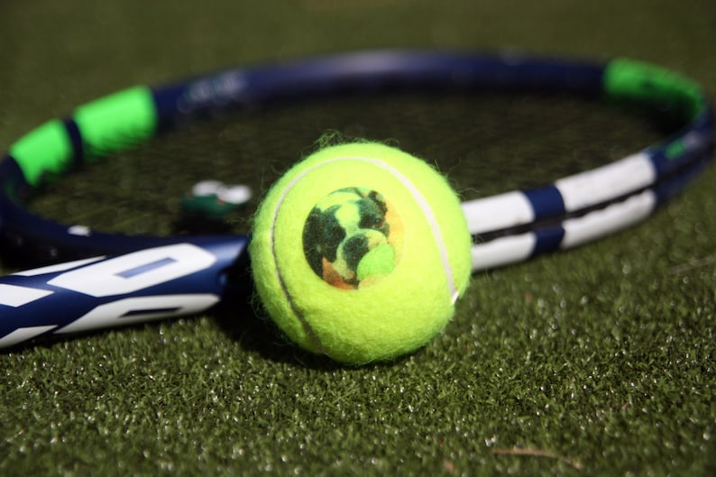 Pu&ograve; includere: Una palla da tennis gialla con un design verde, nero e bianco, accanto a una racchetta da tennis blu e bianca su una superficie di erba artificiale verde.