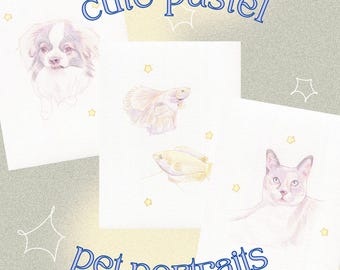 Ritratto di animale domestico personalizzato, stravagante e disegnato a mano, illustrazione di animale dai colori pastello tenui (15x20 cm)