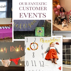 May include: A collage of images showcasing various party decorations and banners. The images include a donut bar, a bridal shower banner, a baby shower banner, a birthday banner, and a Thanksgiving banner. The banners are all made of gold glitter paper and feature various phrases such as "donut bar", "lushing bride", "thankful", and "happy birthday".