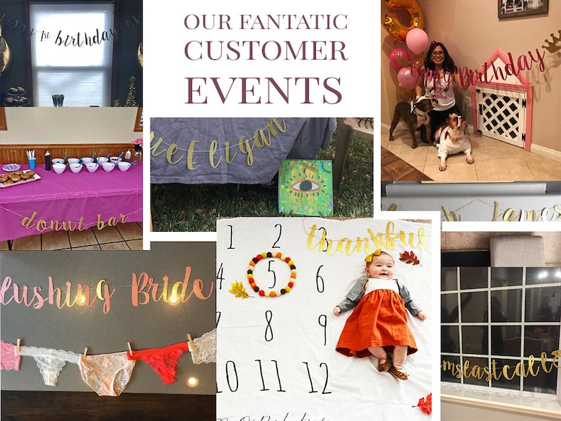 May include: A collage of images showcasing various party decorations and banners. The images include a donut bar, a bridal shower banner, a baby shower banner, a birthday banner, and a Thanksgiving banner. The banners are all made of gold glitter paper and feature various phrases such as "donut bar", "lushing bride", "thankful", and "happy birthday".